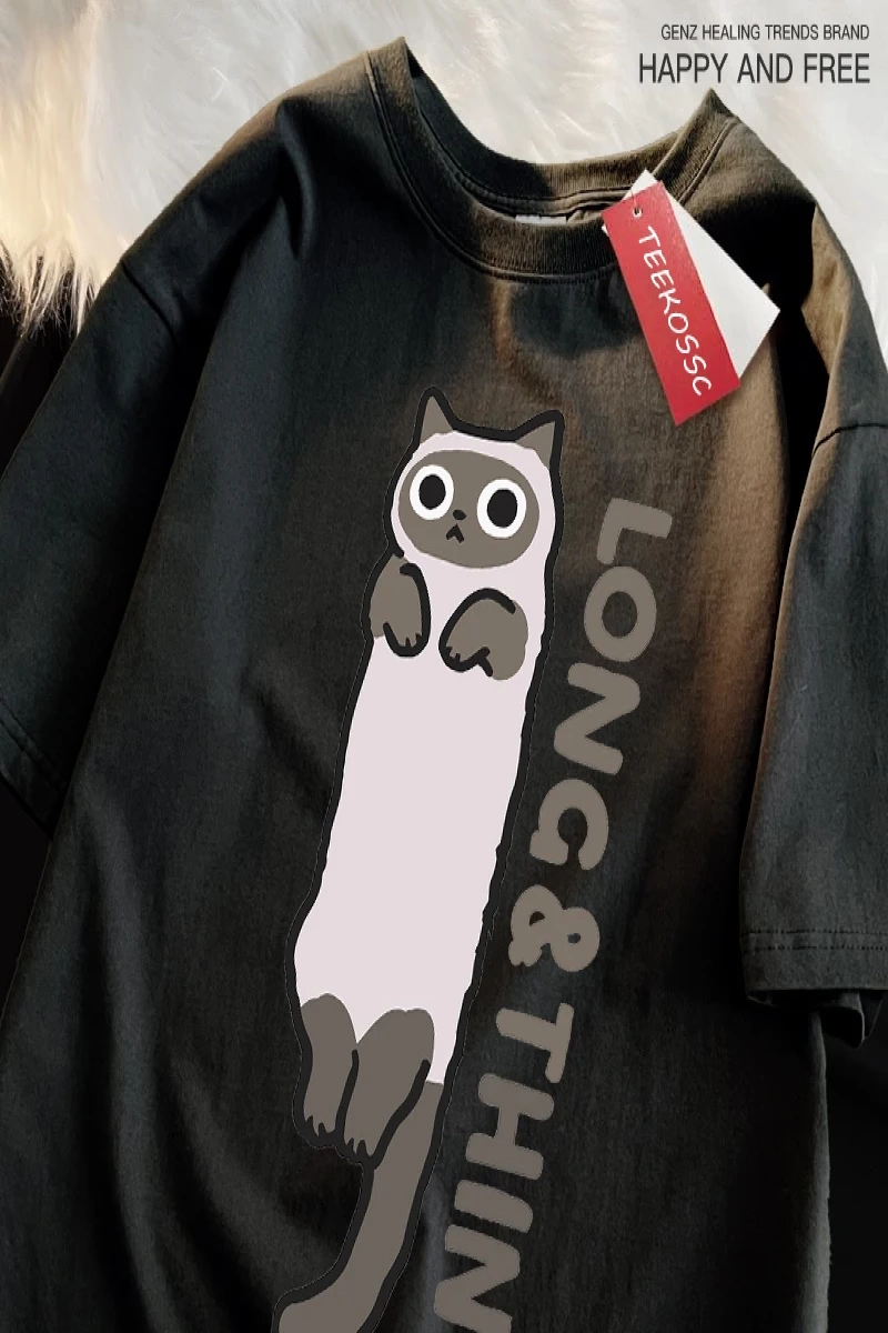 Y2k Vintage Tişört Tee Eğlenceli ince gri kedi baskı japon tarzı