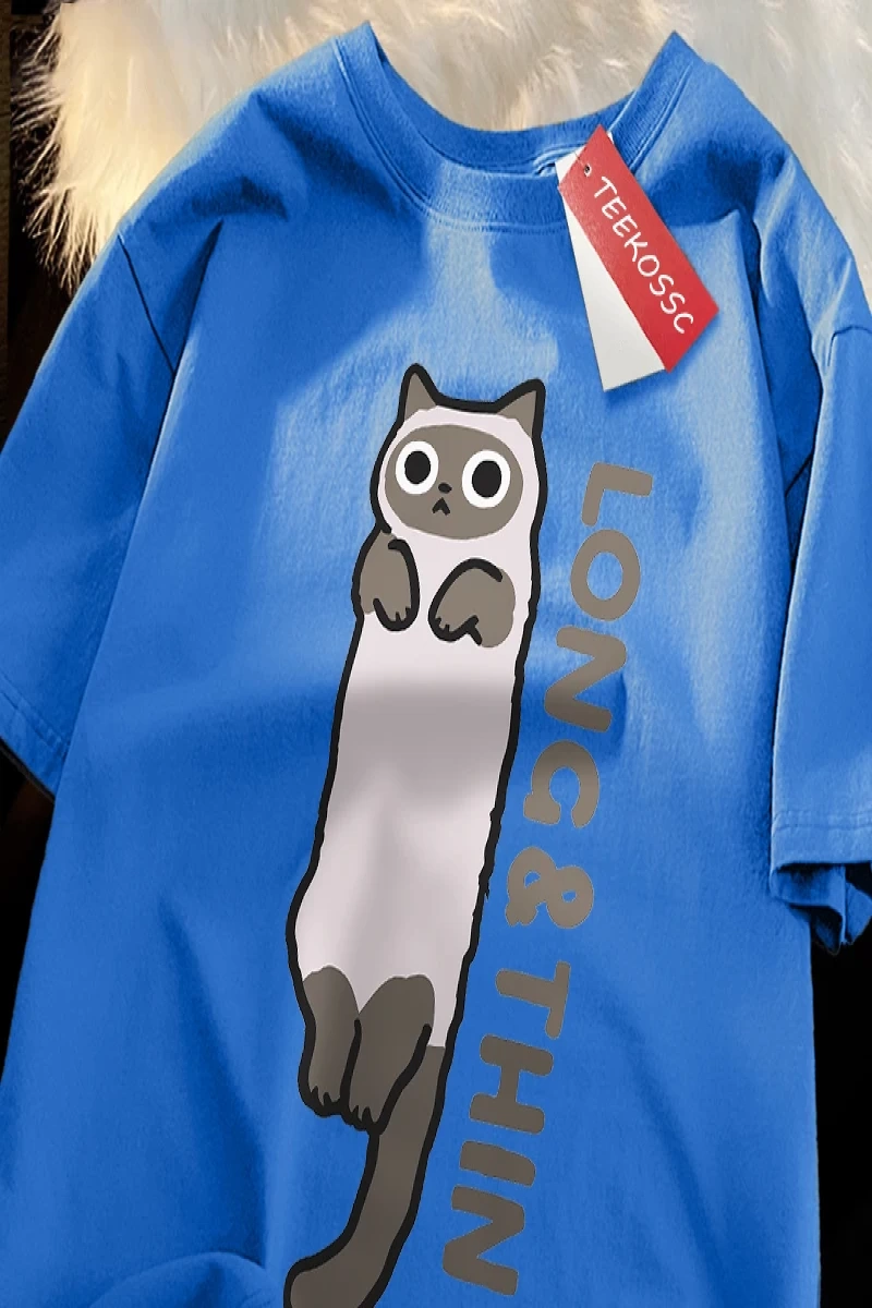 Y2k Vintage Tişört Tee Eğlenceli ince gri kedi baskı japon tarzı