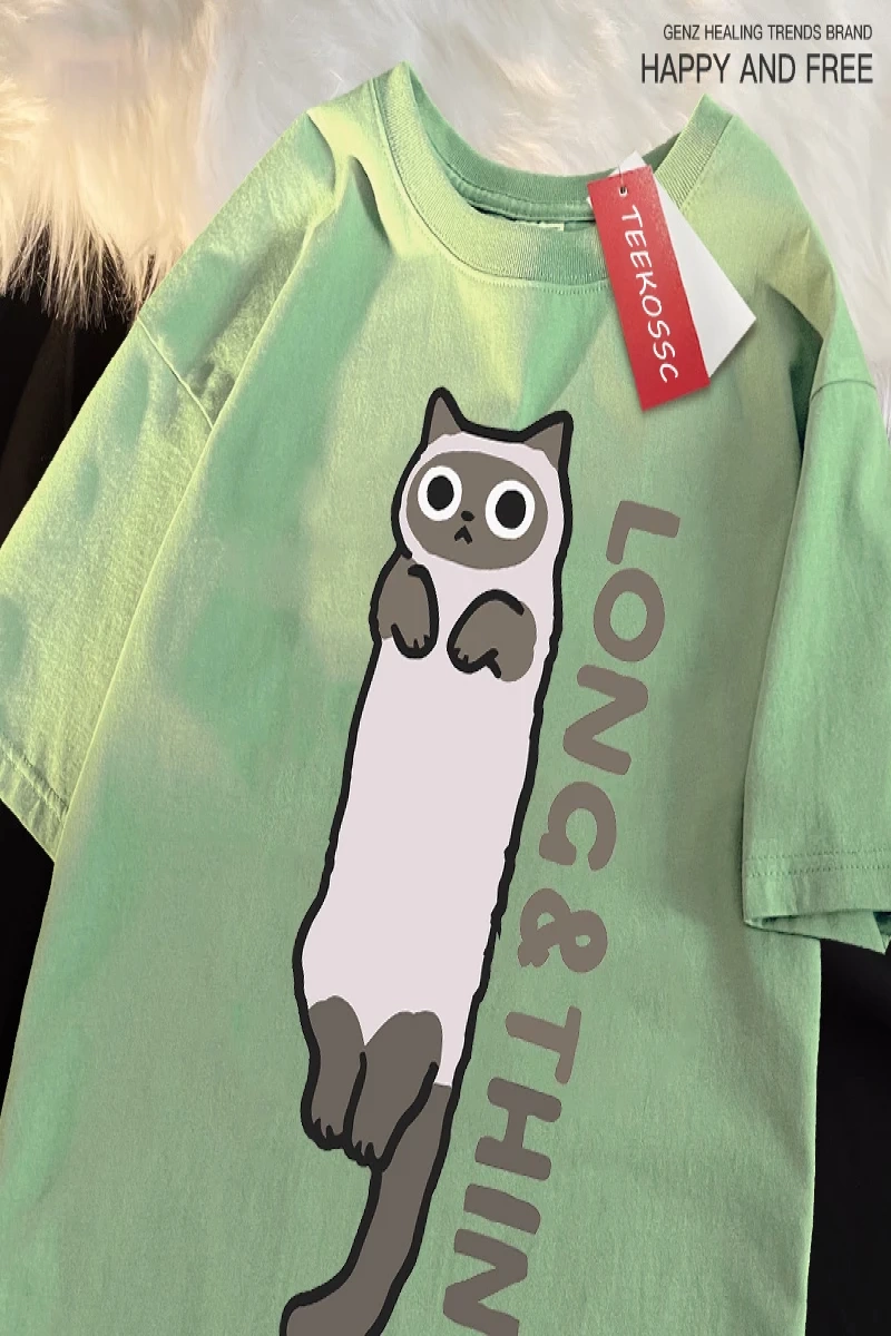 Y2k Vintage Tişört Tee Eğlenceli ince gri kedi baskı japon tarzı