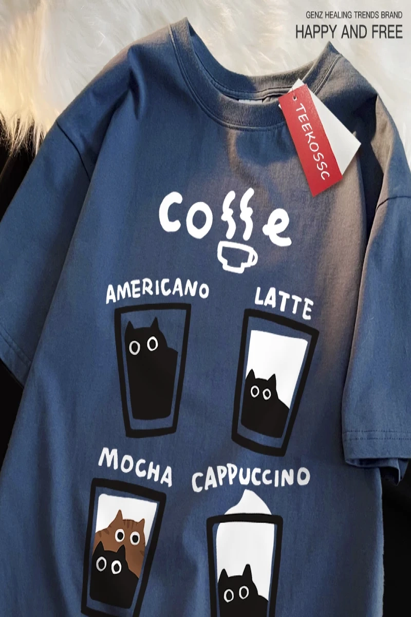 Y2k Vintage Tişört Tee Eğlenceli kahve kedi japon tarzı