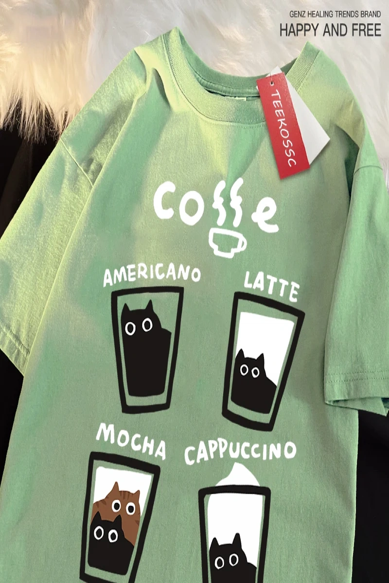 Y2k Vintage Tişört Tee Eğlenceli kahve kedi japon tarzı