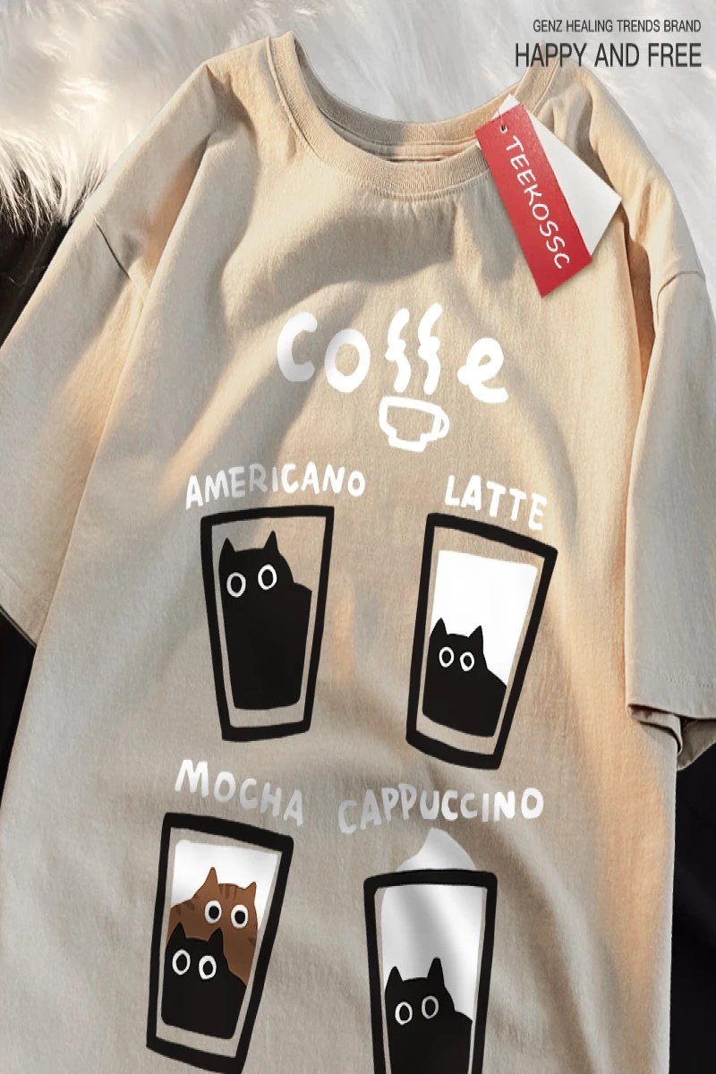 Y2k Vintage Tişört Tee Eğlenceli kahve kedi japon tarzı