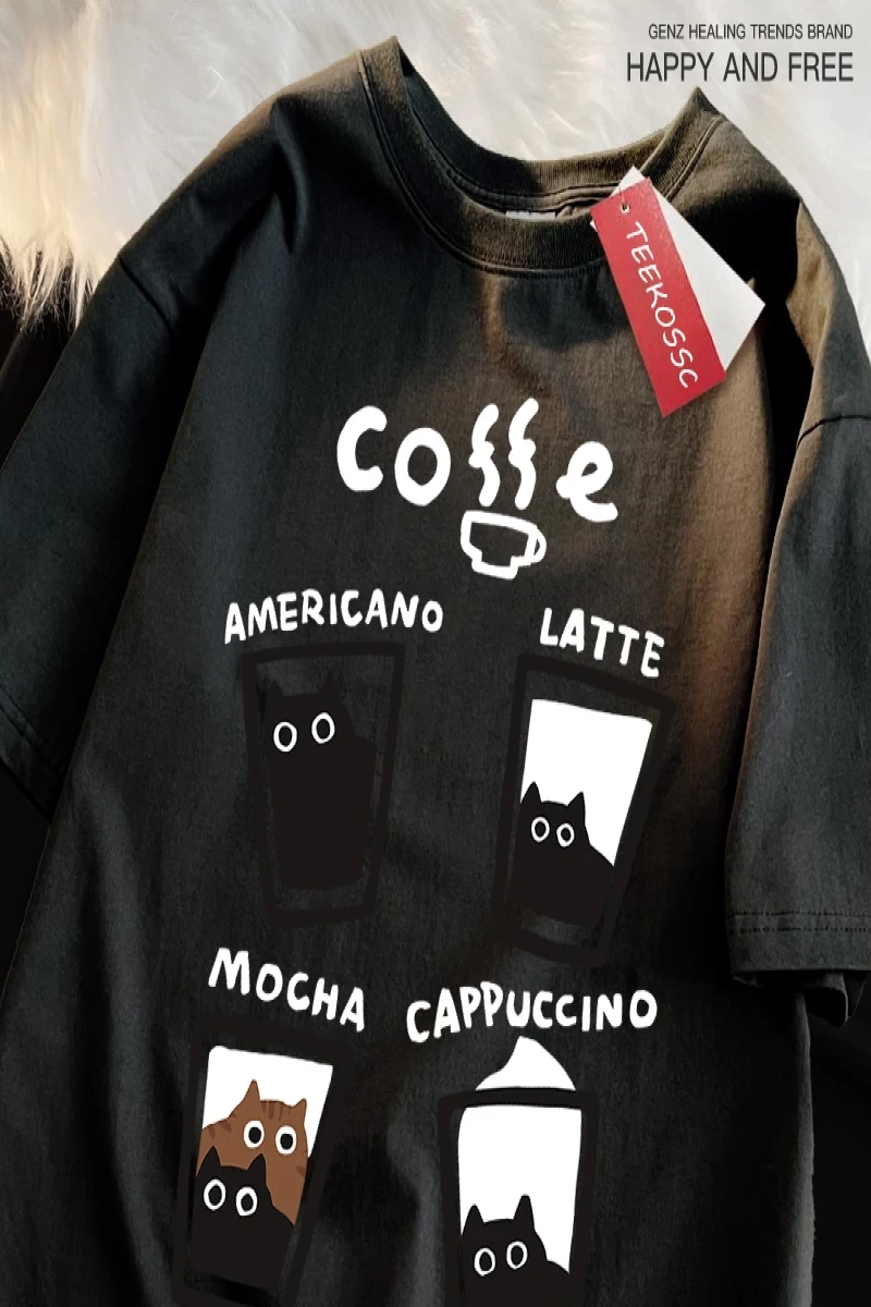 Y2k Vintage Tişört Tee Eğlenceli kahve kedi japon tarzı