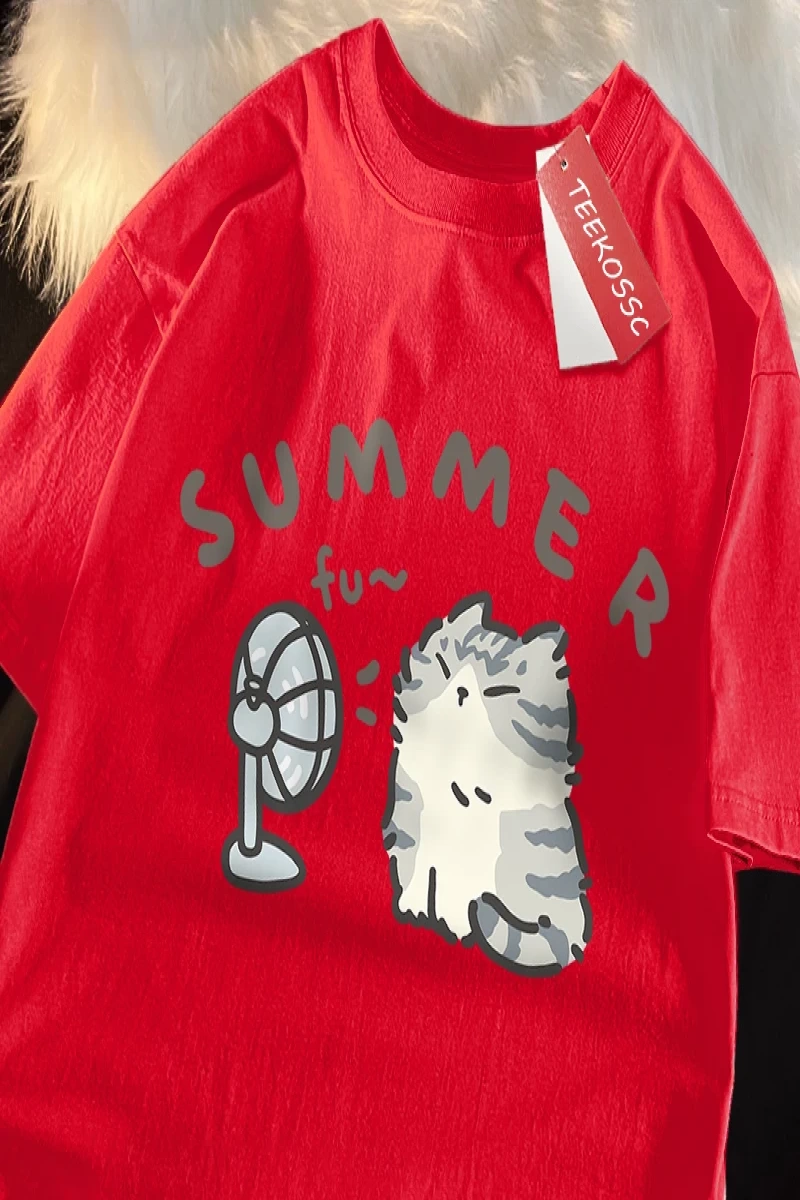 Y2k Vintage Tişört Tee Eğlenceli saç kurutma makinesi Fan kedi japon tarzı