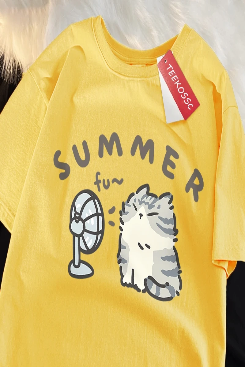 Y2k Vintage Tişört Tee Eğlenceli saç kurutma makinesi Fan kedi japon tarzı