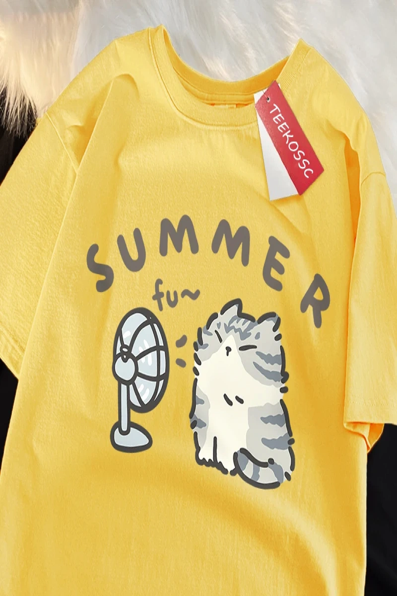 Y2k Vintage Tişört Tee Eğlenceli saç kurutma makinesi Fan kedi japon tarzı