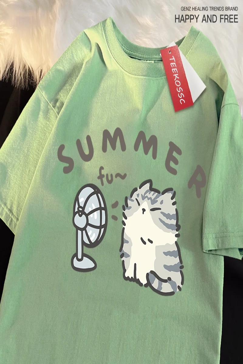 Y2k Vintage Tişört Tee Eğlenceli saç kurutma makinesi Fan kedi japon tarzı