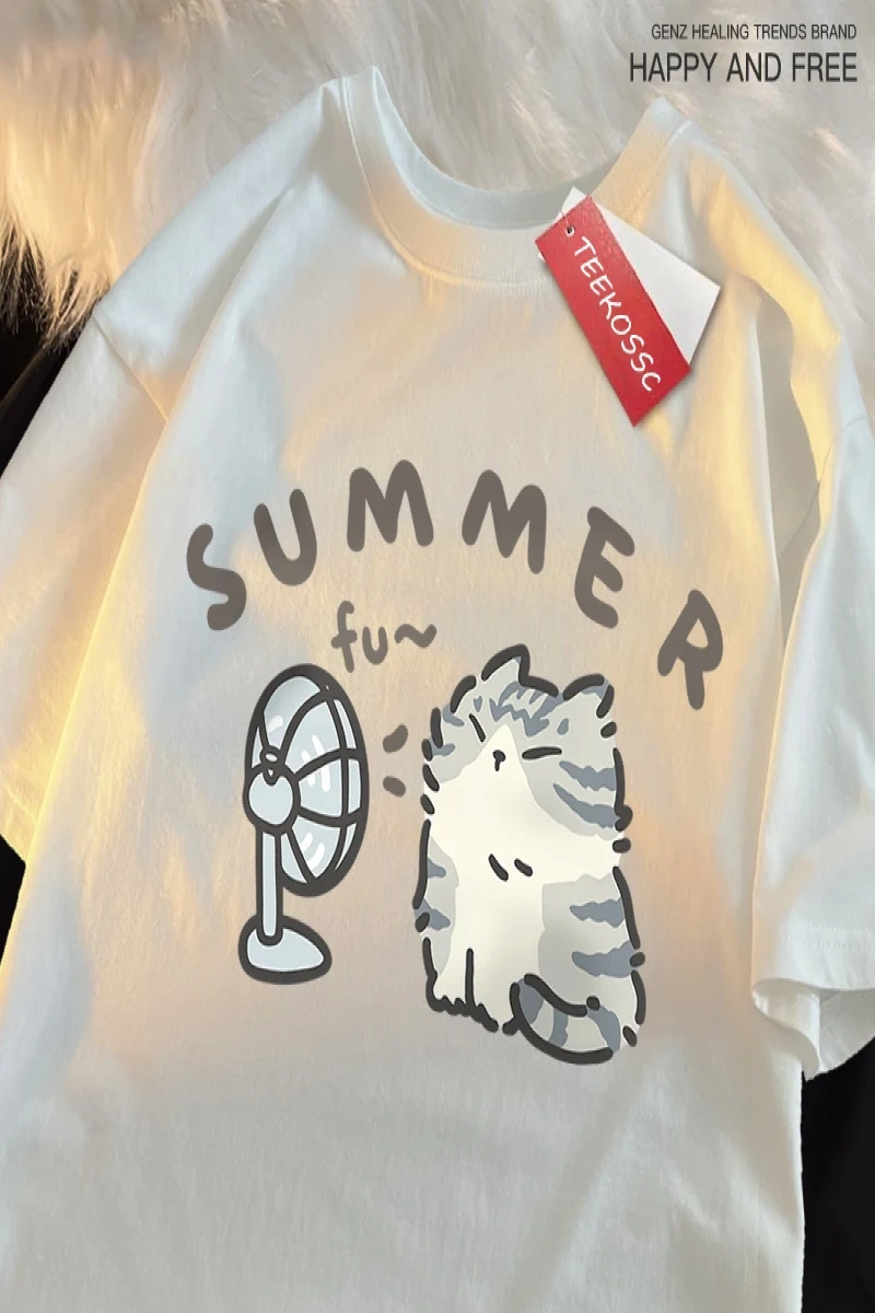 Y2k Vintage Tişört Tee Eğlenceli saç kurutma makinesi Fan kedi japon tarzı
