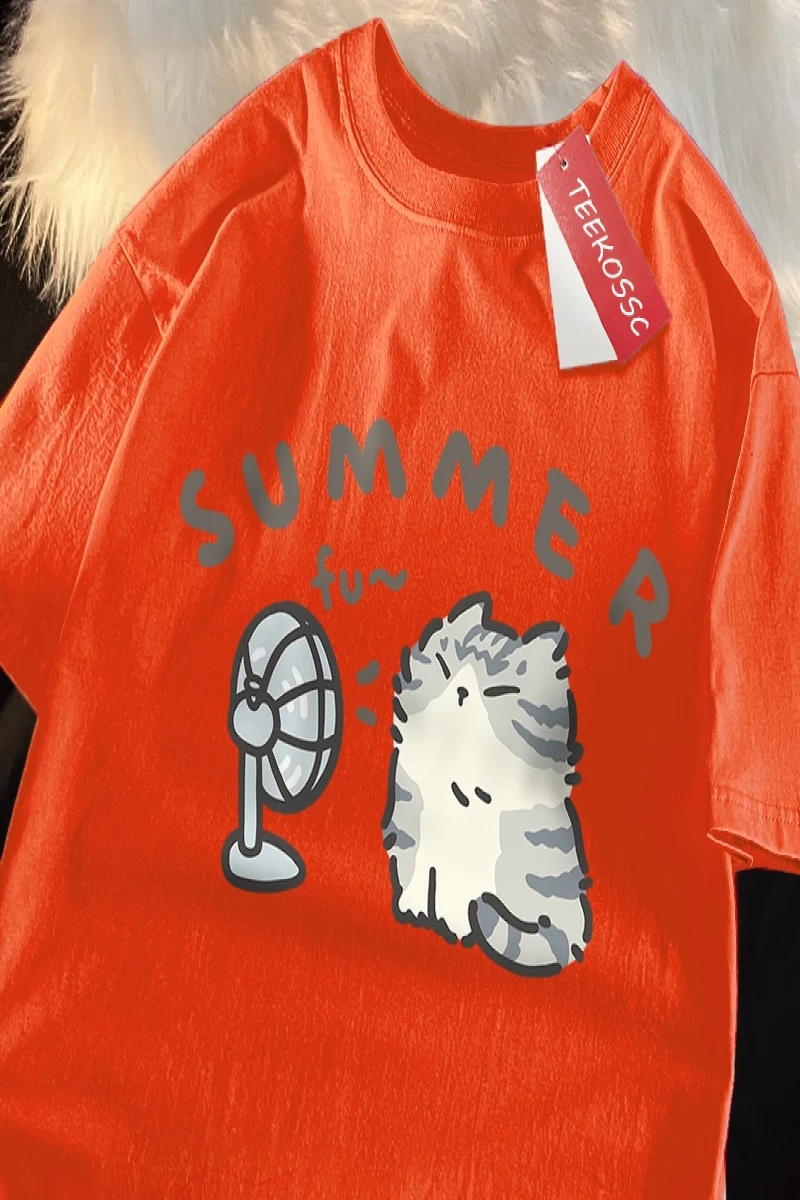 Y2k Vintage Tişört Tee Eğlenceli saç kurutma makinesi Fan kedi japon tarzı