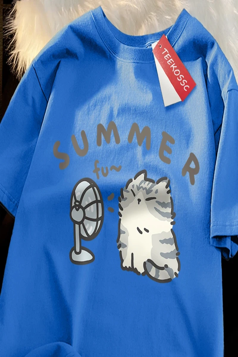 Y2k Vintage Tişört Tee Eğlenceli saç kurutma makinesi Fan kedi japon tarzı