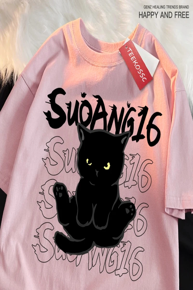 Y2k Vintage Tişört Tee Eğlenceli siyah kedi baskı japon tarzı