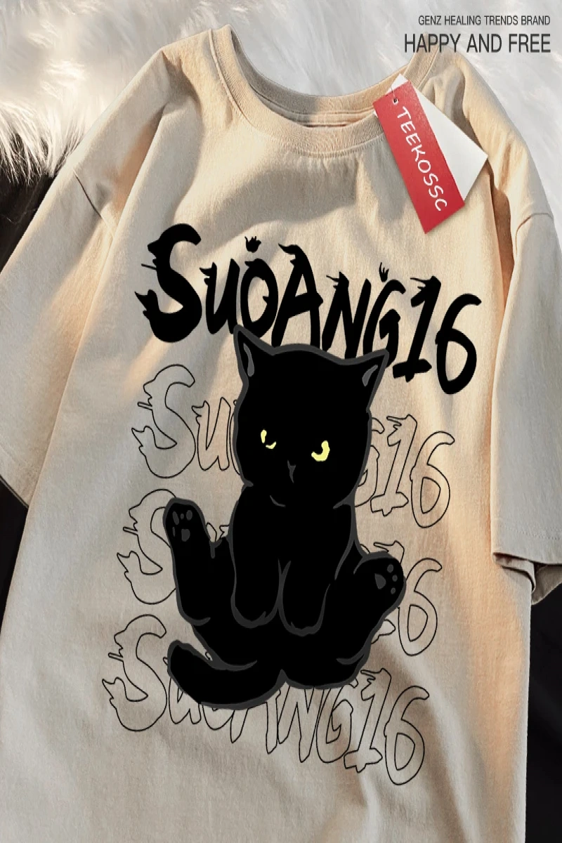 Y2k Vintage Tişört Tee Eğlenceli siyah kedi baskı japon tarzı
