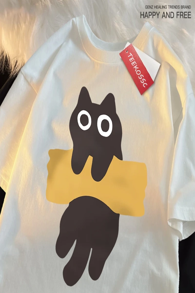 Y2k Vintage Tişört Tee Eğlenceli Yapışkan Bant Kedi Baskı Japon Tarzı