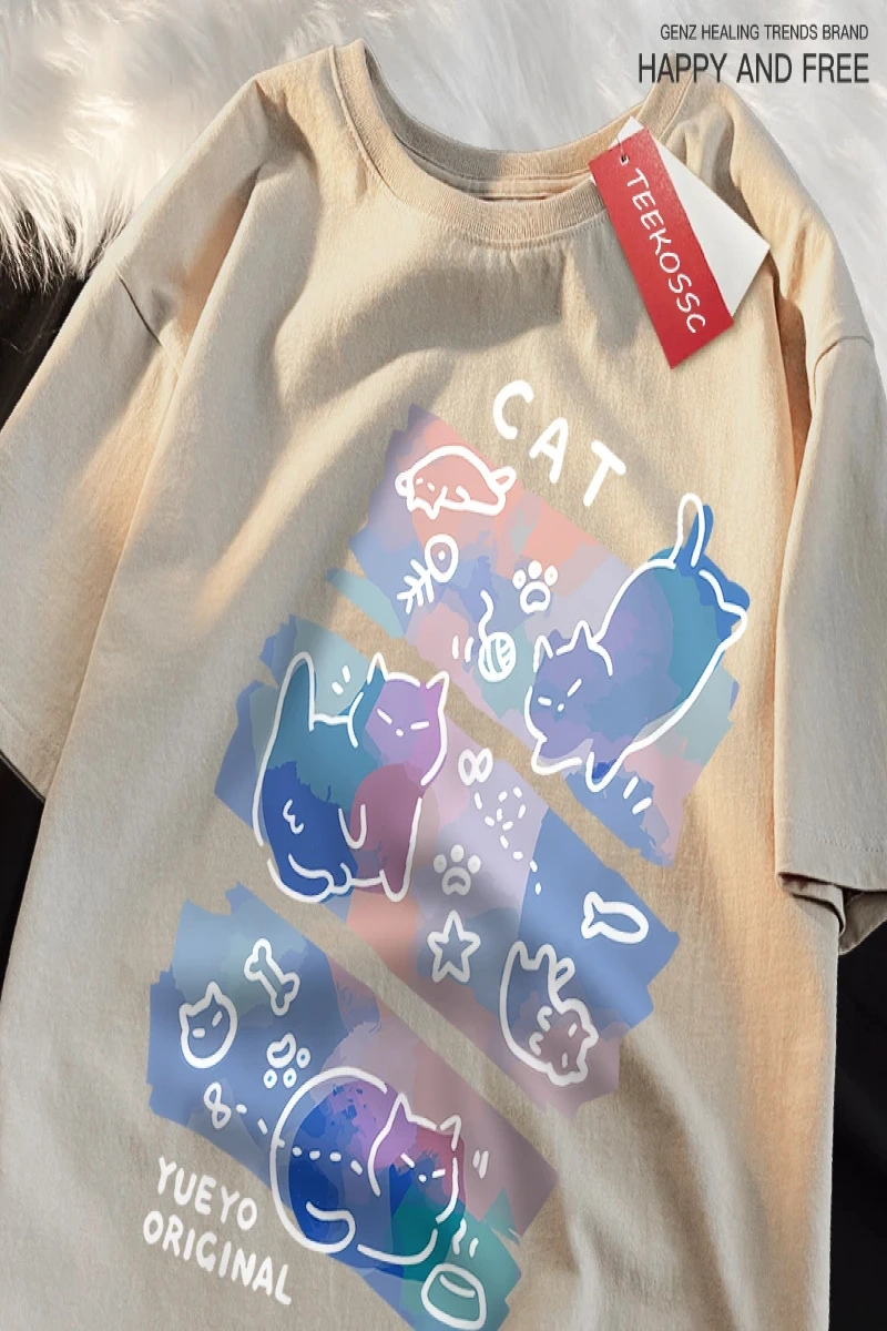 Y2k Vintage Tişört Tee Eğlenceli Yaramaz Kedi Baskı Japon Tarzı