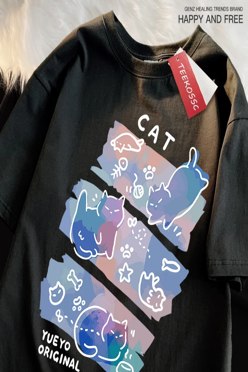 Y2k Vintage Tişört Tee Eğlenceli Yaramaz Kedi Baskı Japon Tarzı