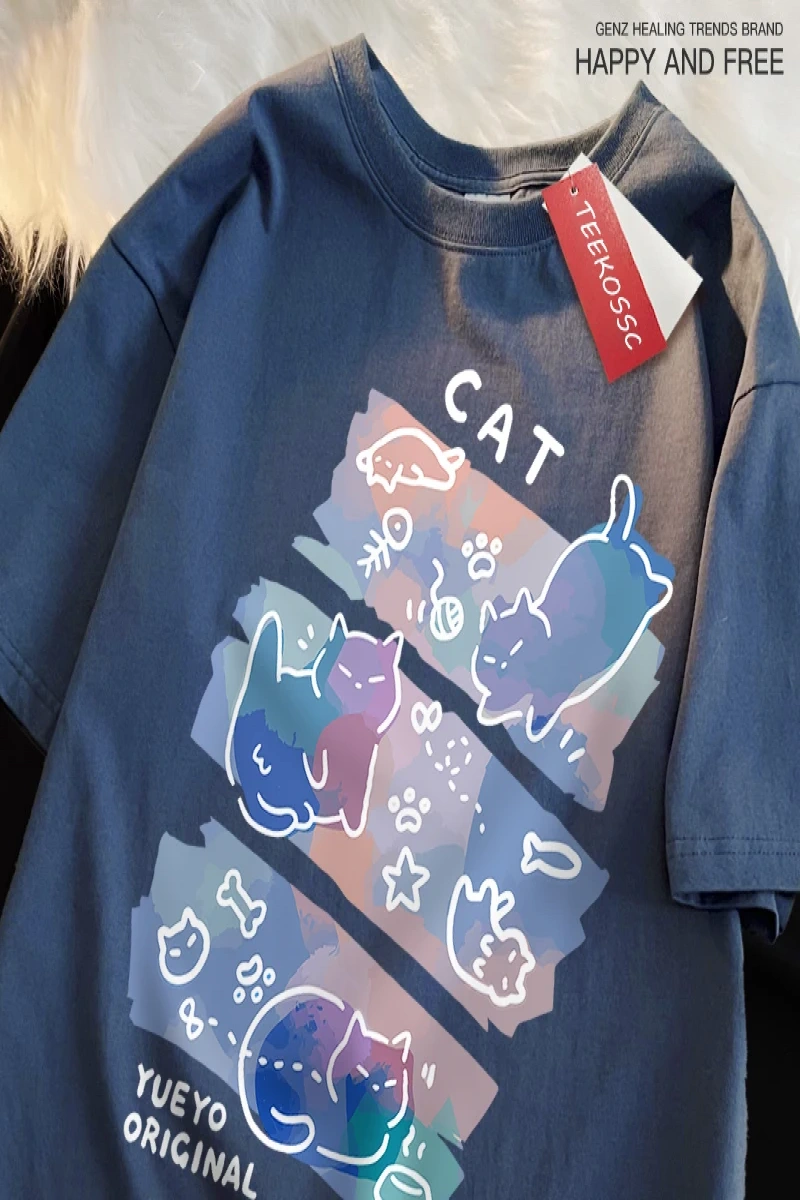 Y2k Vintage Tişört Tee Eğlenceli Yaramaz Kedi Baskı Japon Tarzı