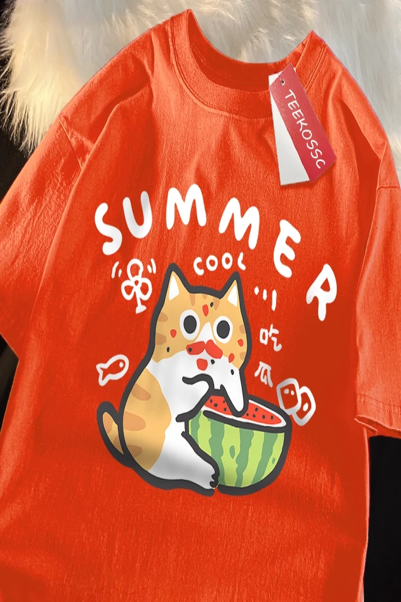 Y2k Vintage Tişört Tee Eğlenceli yeme karpuz kedi baskı