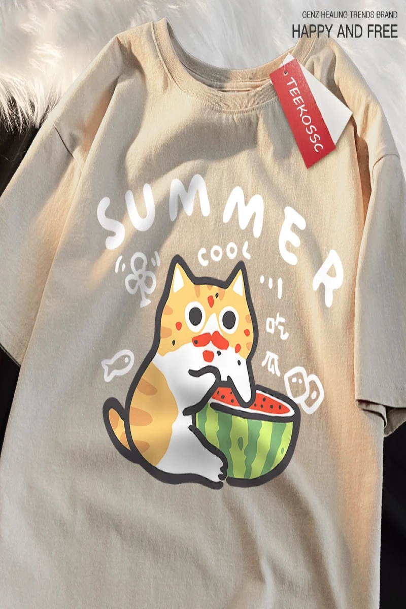 Y2k Vintage Tişört Tee Eğlenceli yeme karpuz kedi baskı
