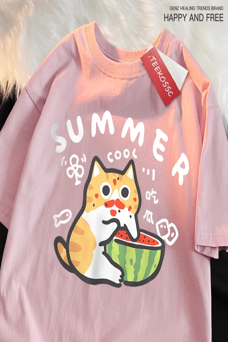Y2k Vintage Tişört Tee Eğlenceli yeme karpuz kedi baskı