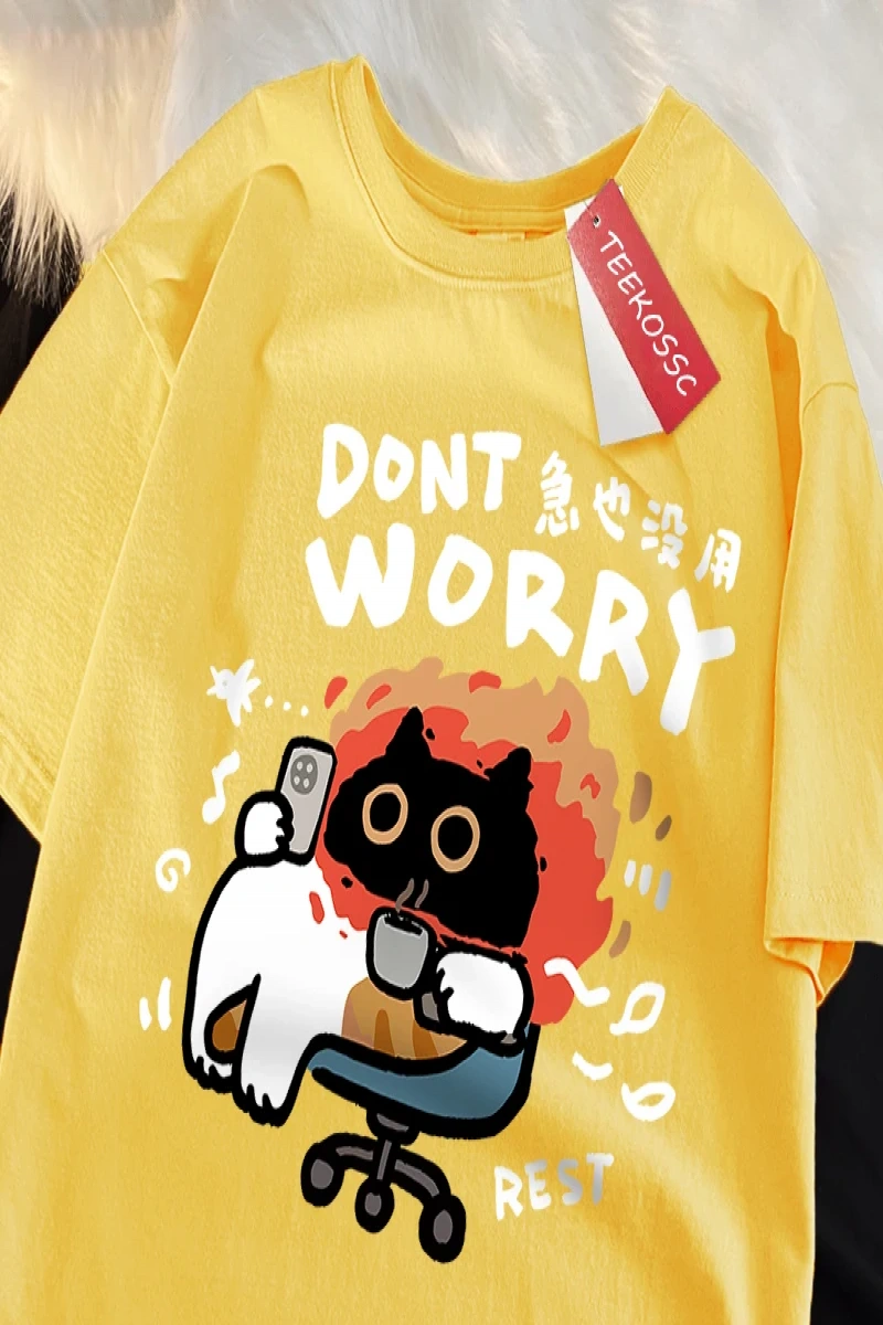 Y2k Vintage Tişört Tee Endişelenmeyin eğlenceli kedi baskı japon tarz