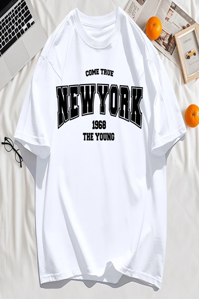 Y2k Vintage Tişört Tee Gerçek Gel New York 1968 Basit Sanat Mektup Baskı