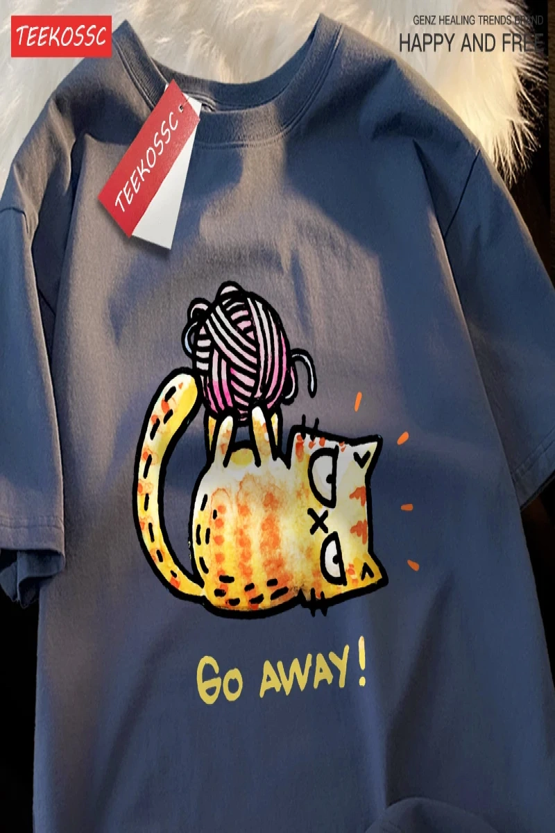 Y2k Vintage Tişört Tee Go Away bir kedi iplik bir top üzerinde