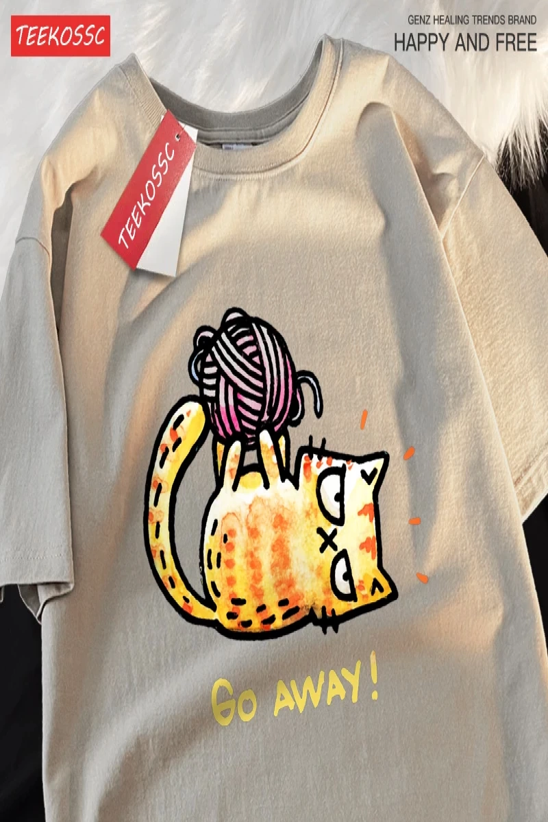 Y2k Vintage Tişört Tee Go Away bir kedi iplik bir top üzerinde