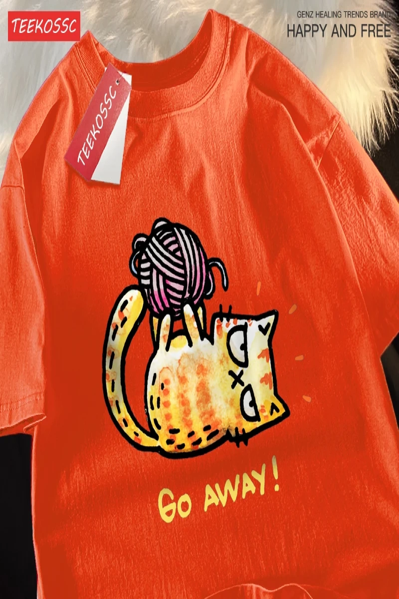 Y2k Vintage Tişört Tee Go Away bir kedi iplik bir top üzerinde