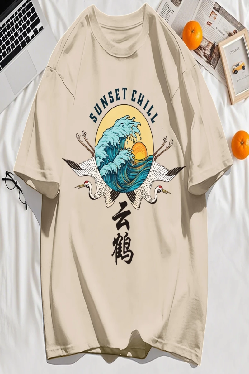 Y2k Vintage Tişört Tee Günbatımı Chill Bulut Vinçler Ve Dalgalar Baskı