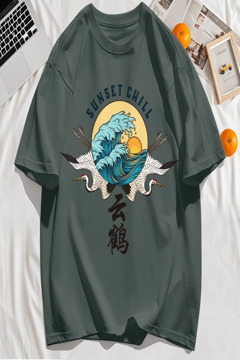 Y2k Vintage Tişört Tee Günbatımı Chill Bulut Vinçler Ve Dalgalar Baskı