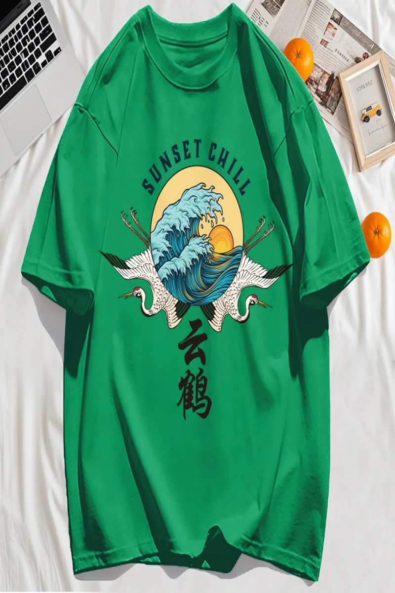 Y2k Vintage Tişört Tee Günbatımı Chill Bulut Vinçler Ve Dalgalar Baskı