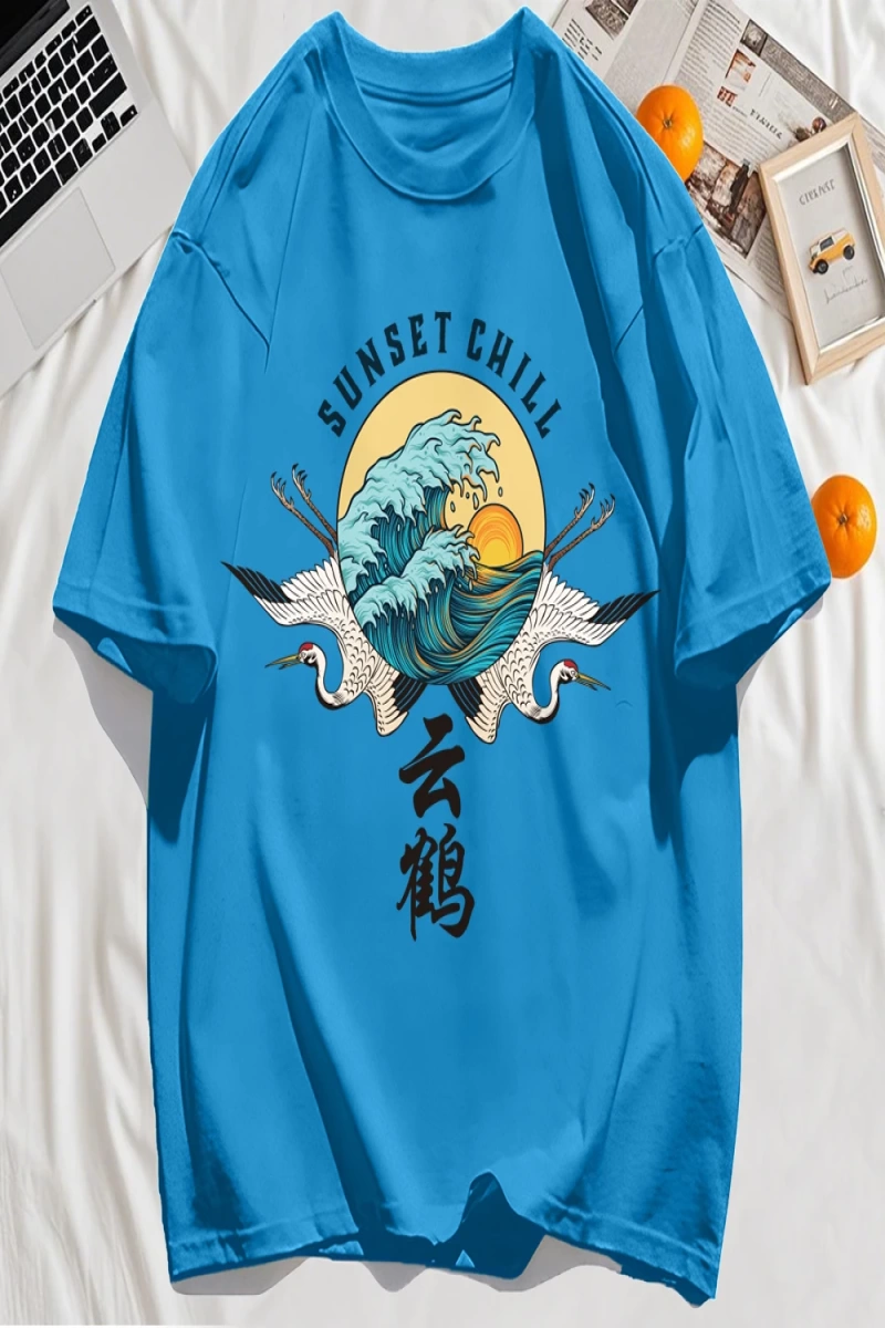 Y2k Vintage Tişört Tee Günbatımı Chill Bulut Vinçler Ve Dalgalar Baskı