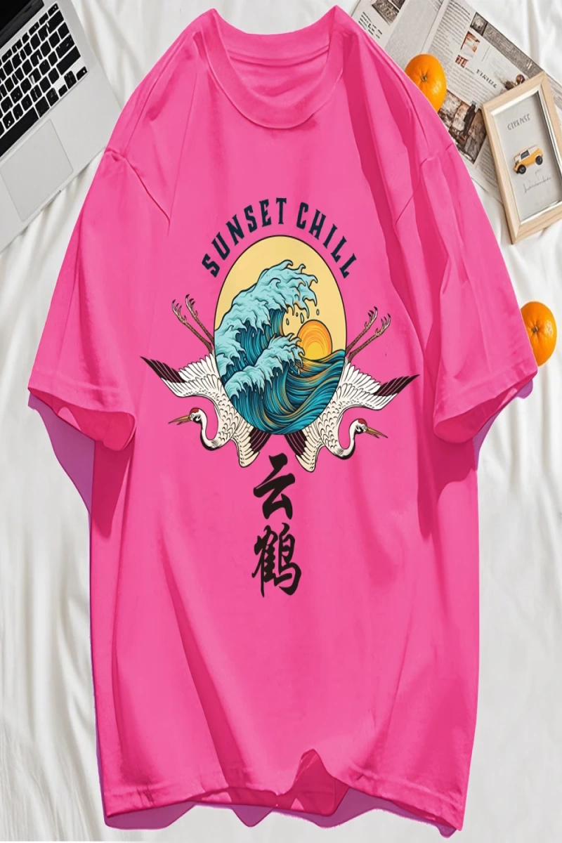Y2k Vintage Tişört Tee Günbatımı Chill Bulut Vinçler Ve Dalgalar Baskı