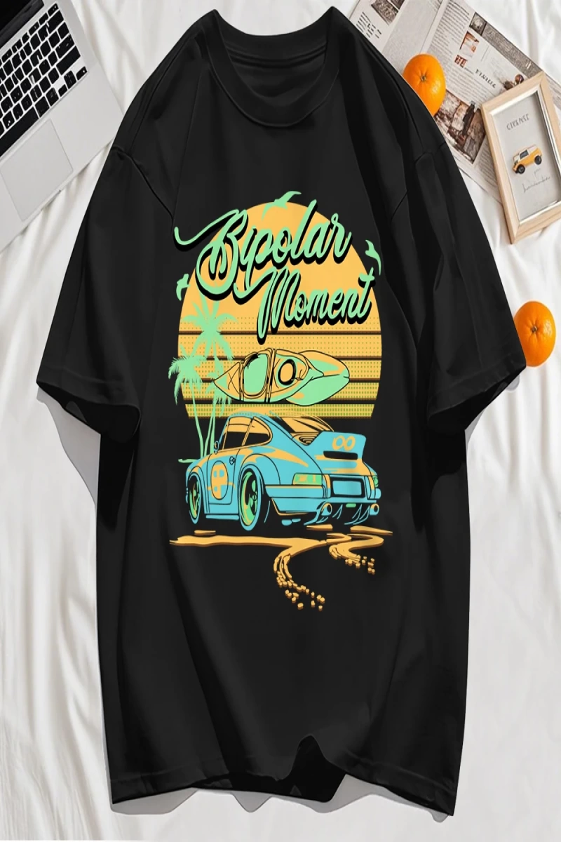 Y2k Vintage Tişört Tee Hindistan cevizi Ağacı Araba Yaratıcı Mektup Baskı