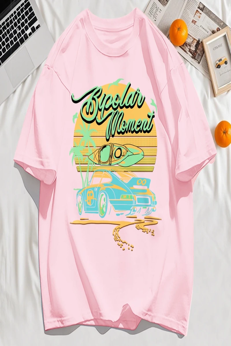 Y2k Vintage Tişört Tee Hindistan cevizi Ağacı Araba Yaratıcı Mektup Baskı