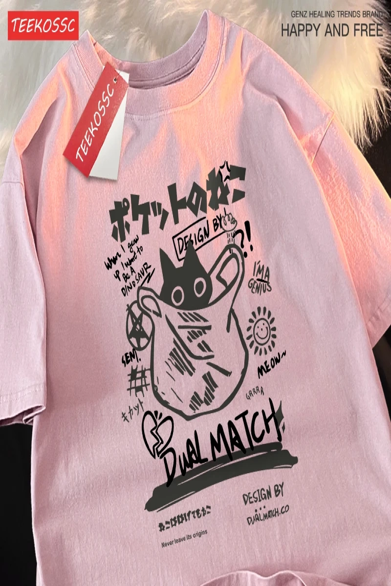 Y2k Vintage Tişört Tee Japon eğlenceli ve sevimli Harajuku kedi