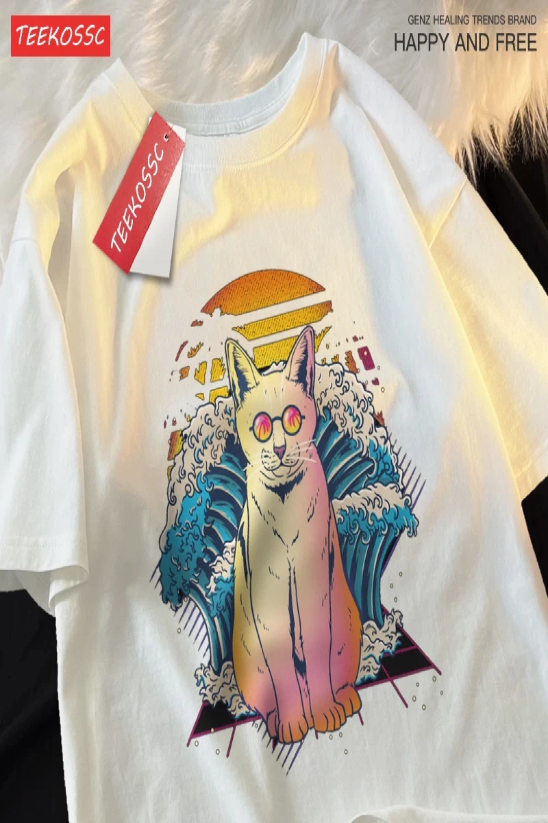 Y2k Vintage Tişört Tee Japon Harajuku dalga gözlük kedi
