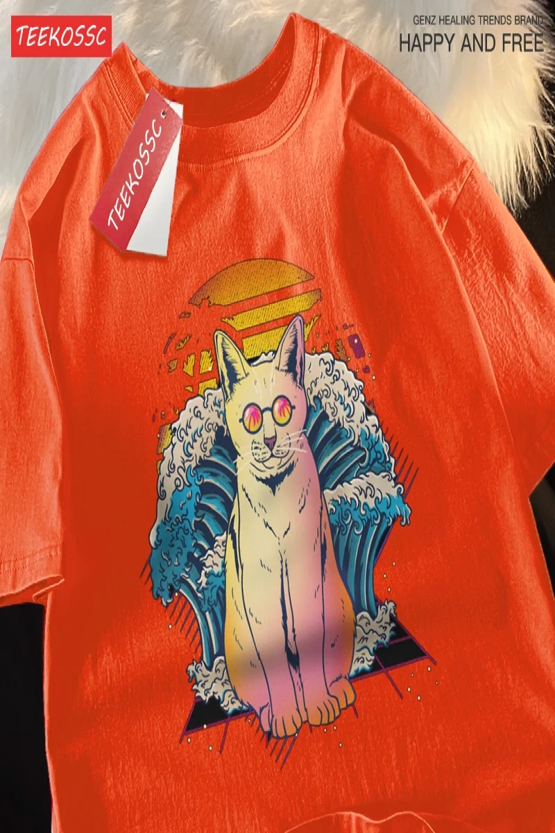 Y2k Vintage Tişört Tee Japon Harajuku dalga gözlük kedi