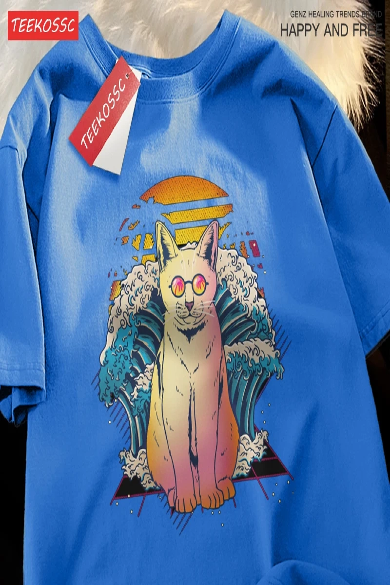 Y2k Vintage Tişört Tee Japon Harajuku dalga gözlük kedi