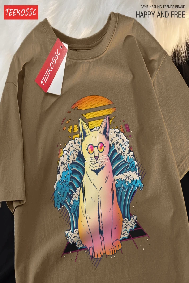 Y2k Vintage Tişört Tee Japon Harajuku dalga gözlük kedi