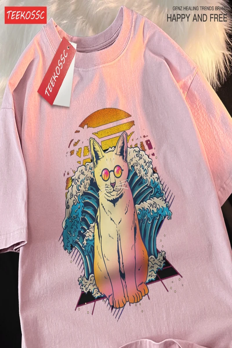 Y2k Vintage Tişört Tee Japon Harajuku dalga gözlük kedi