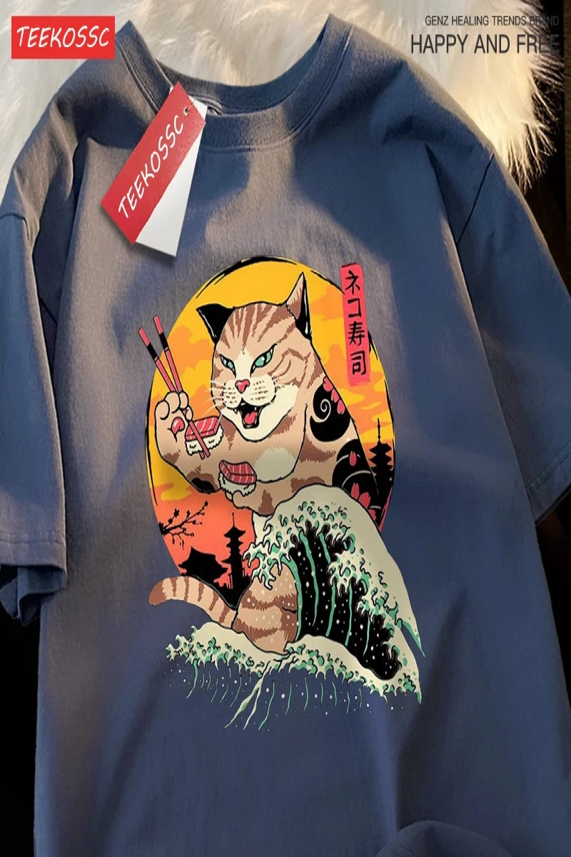 Y2k Vintage Tişört Tee Japon Harajuku dalga suşi kedi