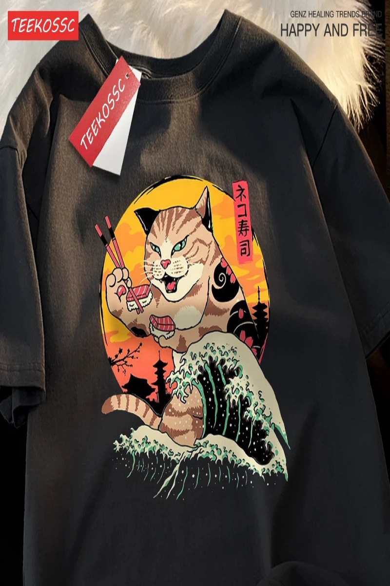Y2k Vintage Tişört Tee Japon Harajuku dalga suşi kedi