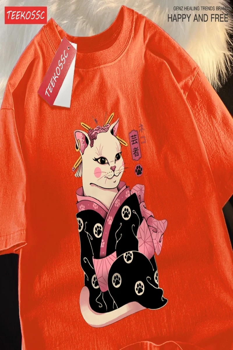 Y2k Vintage Tişört Tee Japon Harajuku Geisha kedi
