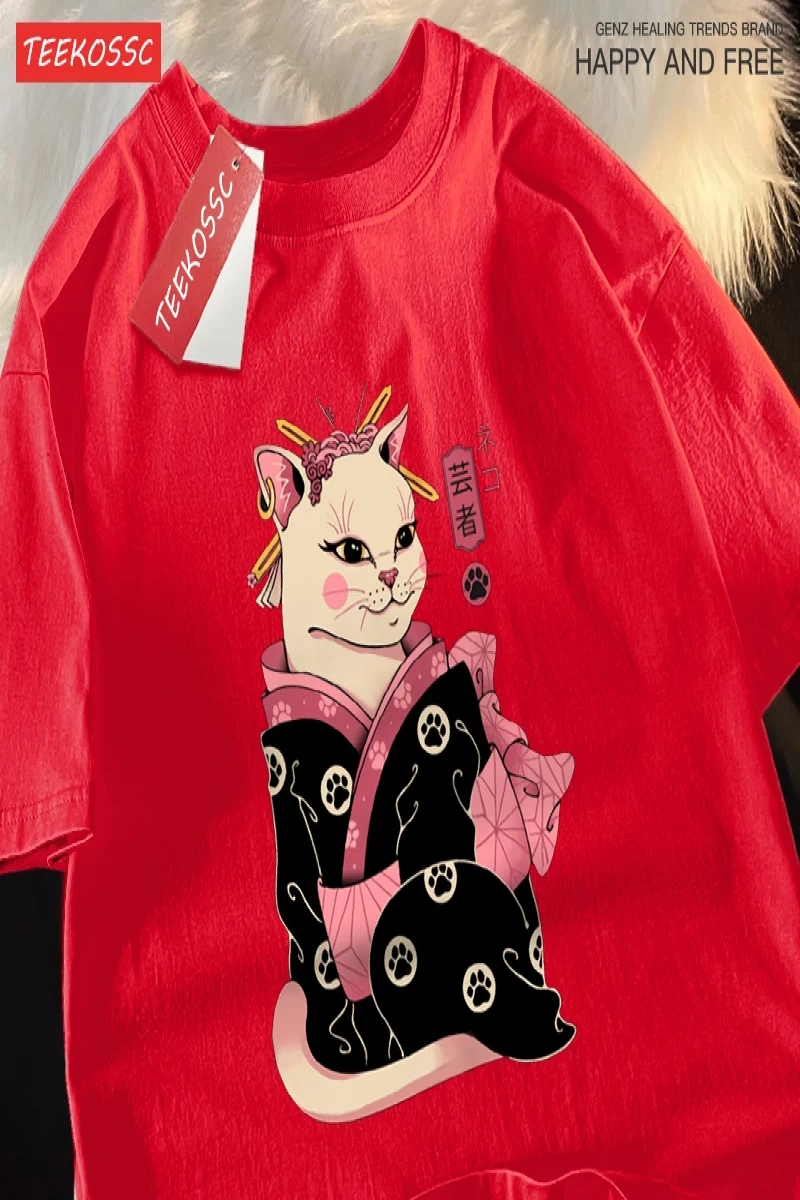 Y2k Vintage Tişört Tee Japon Harajuku Geisha kedi