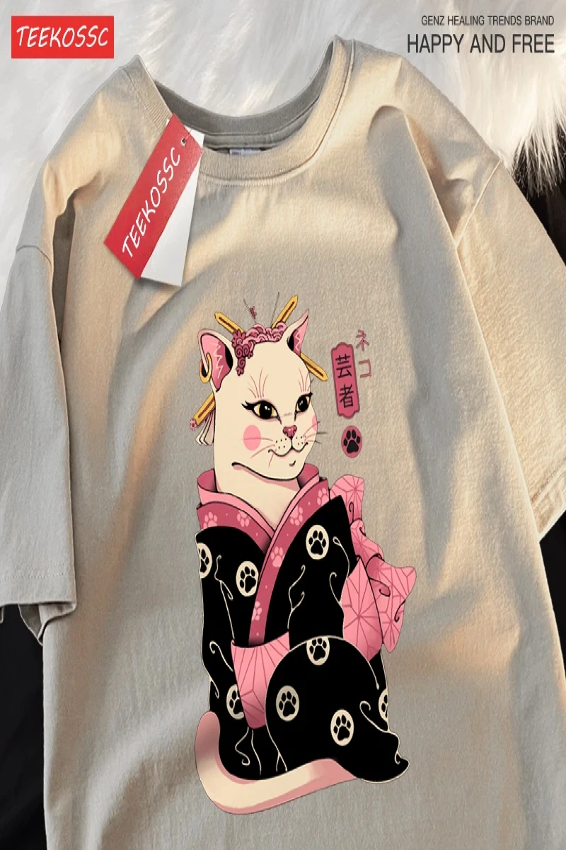 Y2k Vintage Tişört Tee Japon Harajuku Geisha kedi