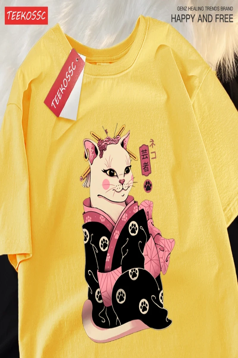 Y2k Vintage Tişört Tee Japon Harajuku Geisha kedi