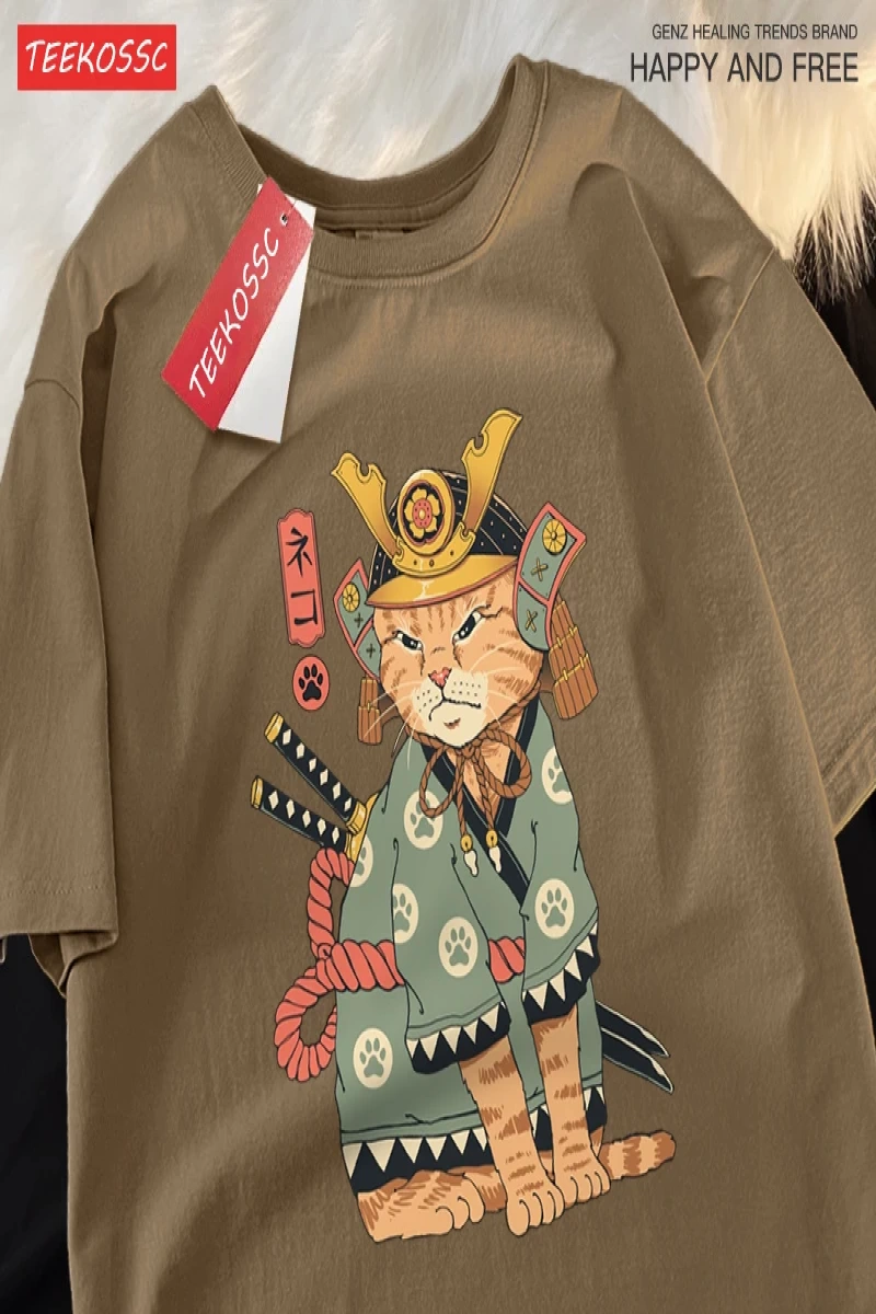 Y2k Vintage Tişört Tee Japon Harajuku hayalet kılıçlı kedi