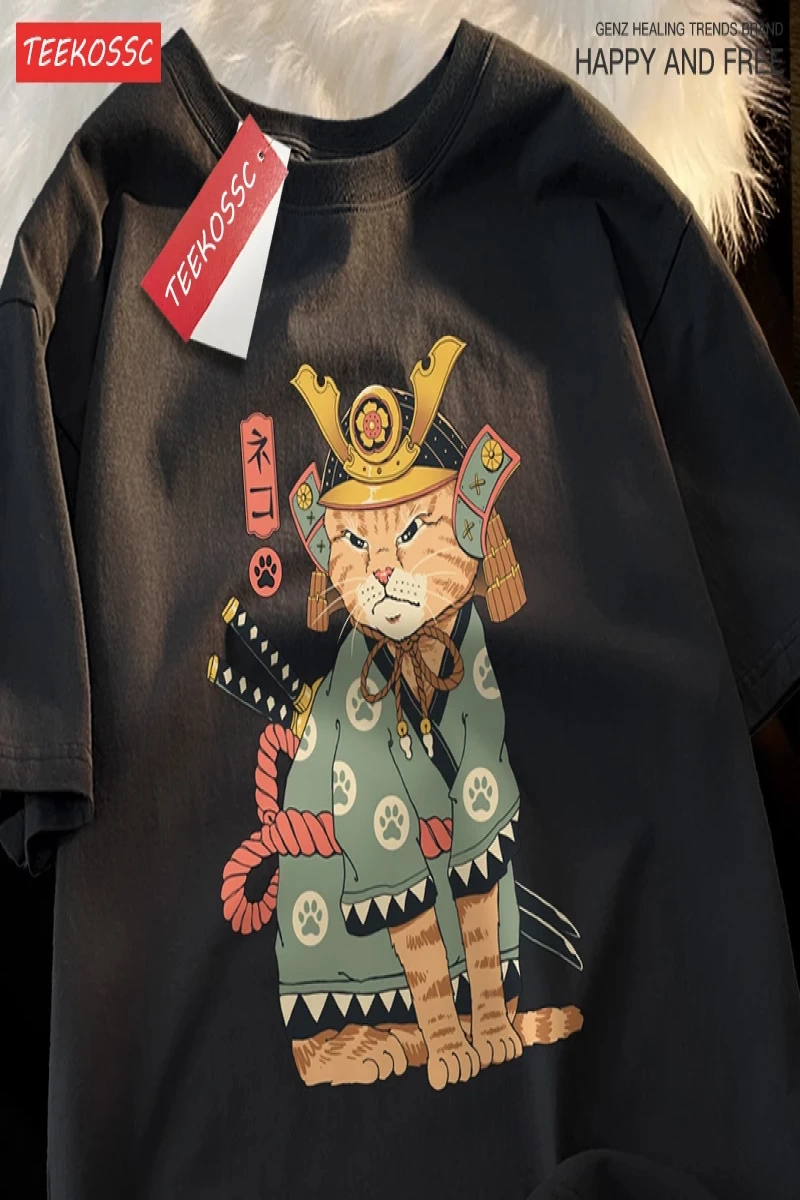 Y2k Vintage Tişört Tee Japon Harajuku hayalet kılıçlı kedi