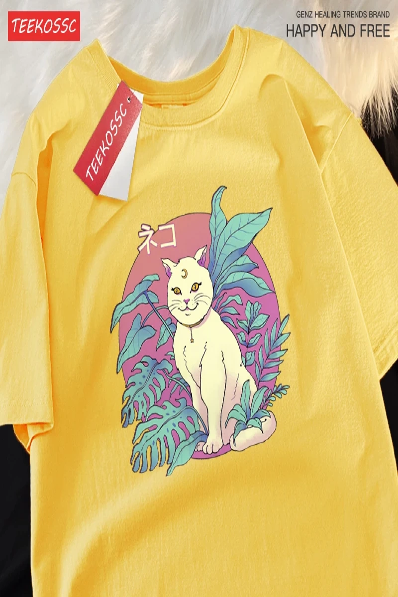 Y2k Vintage Tişört Tee Japon Harajuku hilal kedi